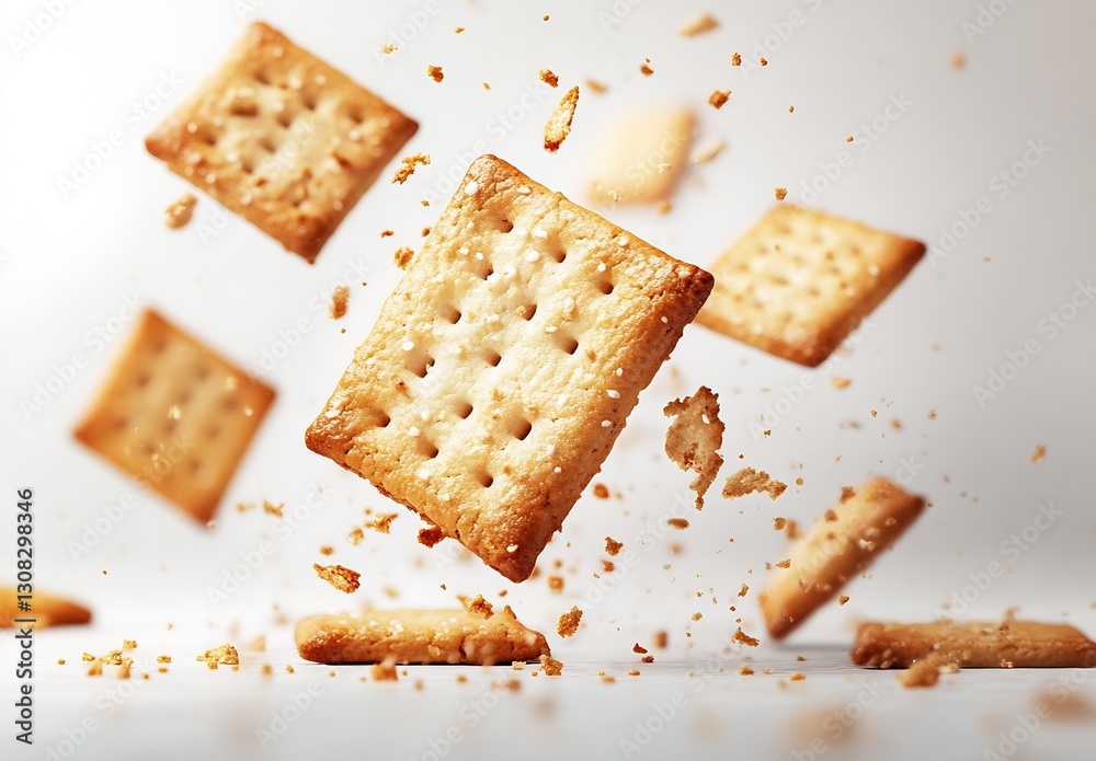 Aufkleber Floating Cracker Squares in Air with Crumbs on White Background : Generative AI