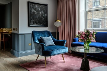 Luxurious modern living room with a deep blue velvet armchair, a blush pink rug, and a statement sofa.