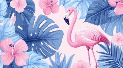 Obraz premium Pink flamingo amidst tropical flowers and leaves. Background pattern. Use Stock photo for design, prints, invitations