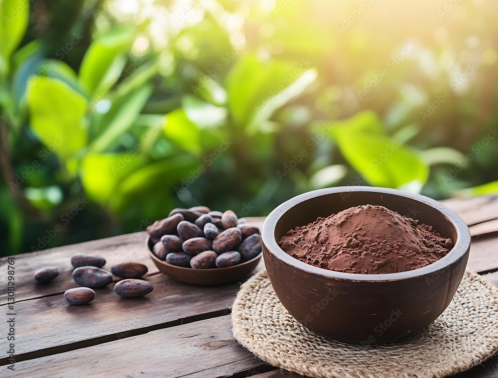 Aufkleber Raw cocoa powder and cocoa beans in rustic bowls capturing the essence of chocolate : Generative AI