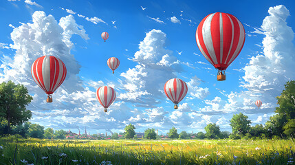 Obraz premium Several red and white striped hot air balloons soaring in the sky