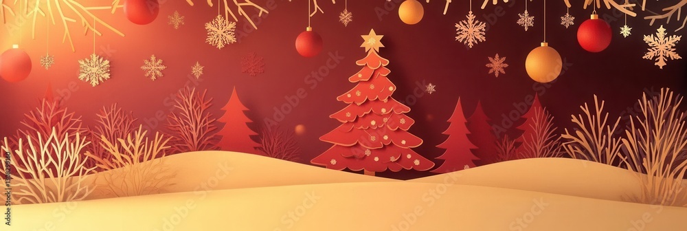 Poster festive paper cutout with snowflakes and a glowing tree creating a warm holiday atmosphere generativ