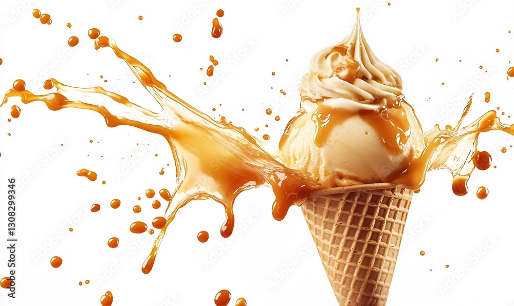 Poster delicious ice cream splash with caramel sauce over a waffle cone creating a tasty dessert scene : ge