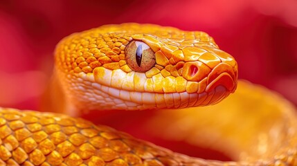 Obraz premium A fierce snake's eye emerges against a vivid red backdrop, its bright orange gaze framed by a stark black pupil and a striking white stripe—intense and captivating