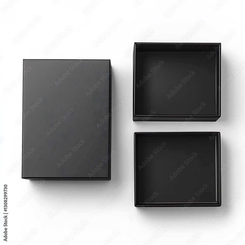 Poster minimalist black boxes with open lids for product packaging and design : generative ai