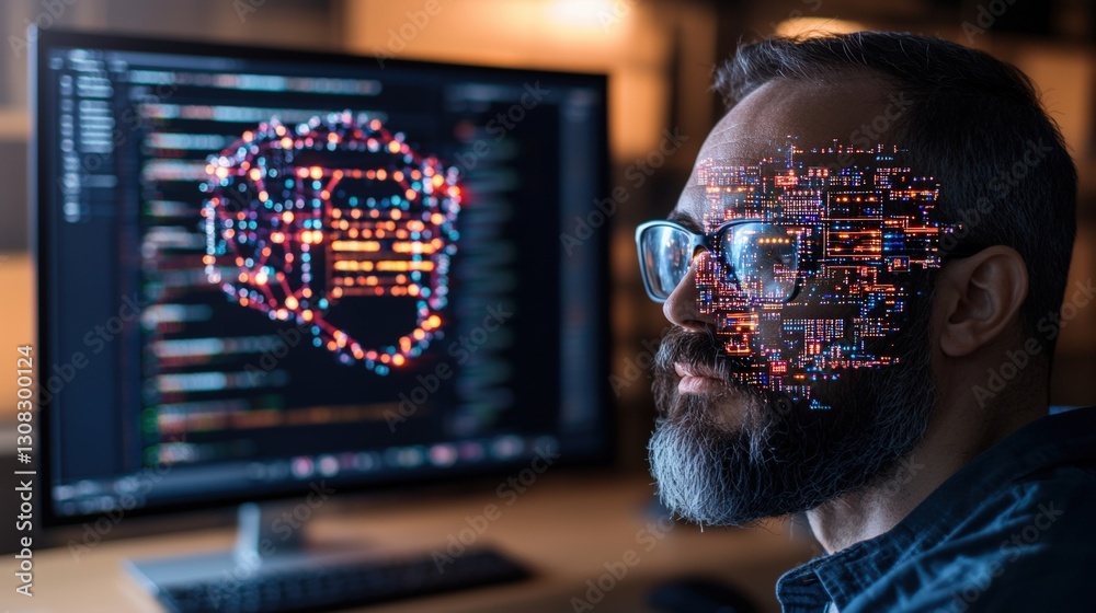 Poster man with glasses concentrating on computer screen while working in an office environment with soft l