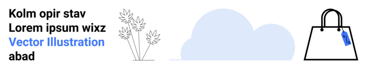 Shopping bag with price tag, delicate plants, and light blue cloud in clean design. Ideal for e-commerce, sales promotions, eco-friendly branding, fashion, shopping concepts, minimalistic aesthetics