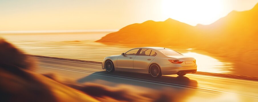 A silver sedan drives along a coastal road with golden sunshine - Powered by Adobe
