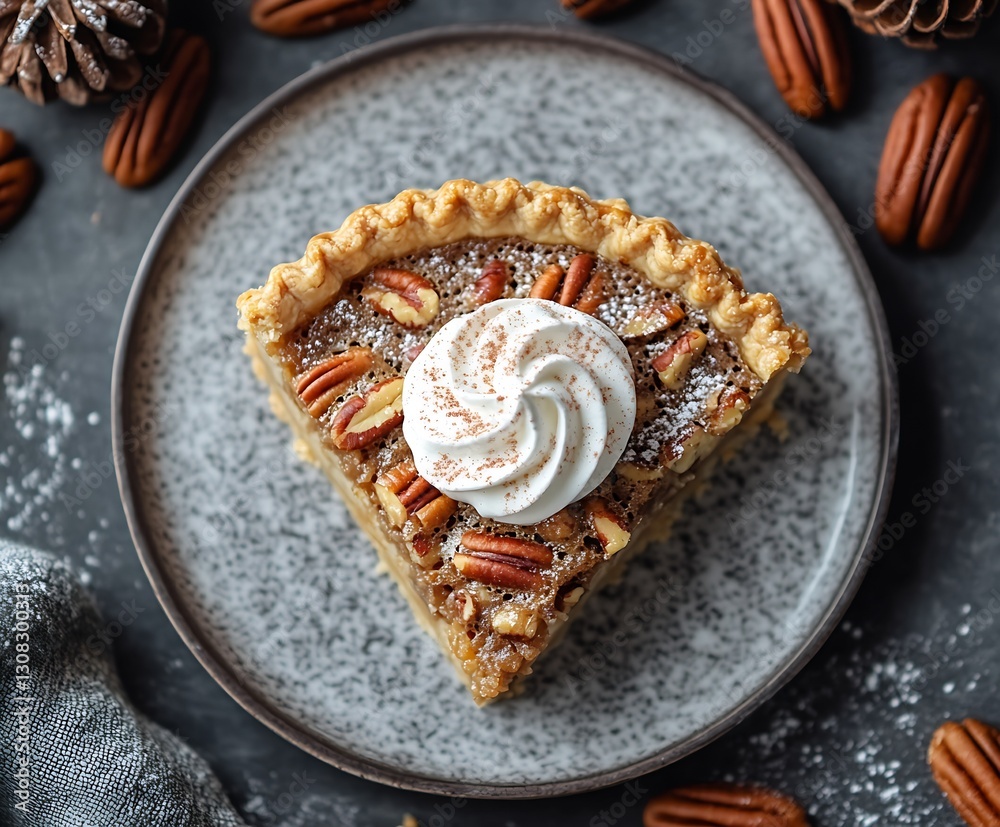 Poster top view of a delectable slice of pecan pie decorated with whipped cream on a speckled plate : gener
