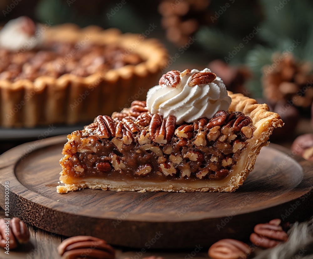 Poster delicious pecan pie slice with whipped cream and pecans on wooden table : generative ai