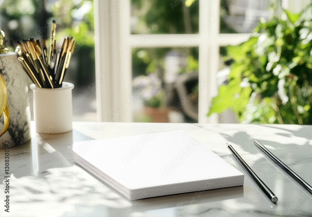 Poster bright workspace featuring blank notepad and pens in a stylish indoor setting : generative ai