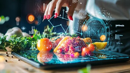 Futuristic food preparation with augmented reality interface and fresh ingredients - Powered by Adobe