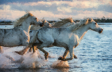 A stunning oil painting of white horses galloping across the water