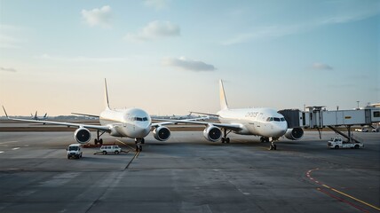 一架飞机两架大飞机并排停在机场跑道上