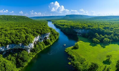 Stunning Aerial View of Serene River in Lush Green Landscape