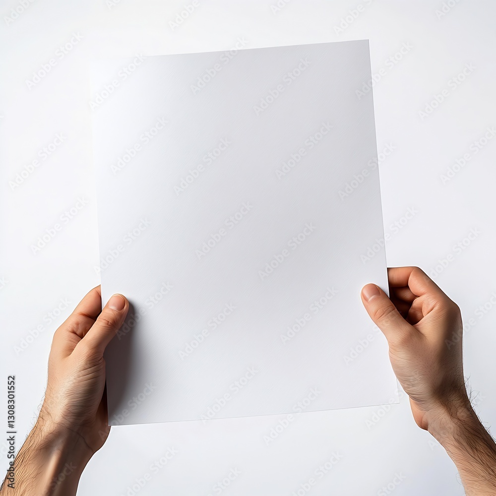 Leinwandbilder Two hands holding a blank sheet of white paper softly lit on a neutral backdrop ideal for design and presentations : Generative AI