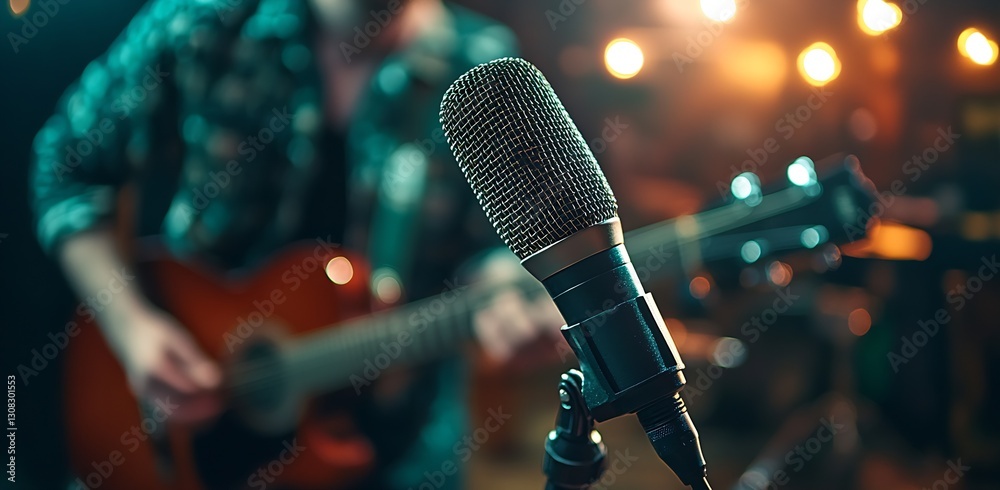 Poster Close up of a dynamic microphone in focus with a musician performing on stage creating an energetic atmosphere : Generative AI