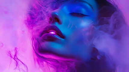Fototapeta premium woman with closed eyes is enveloped in vibrant pink and blue smoke, creating dreamy and ethereal atmosphere. lighting highlights her glossy lips and smooth skin, adding futuristic touch