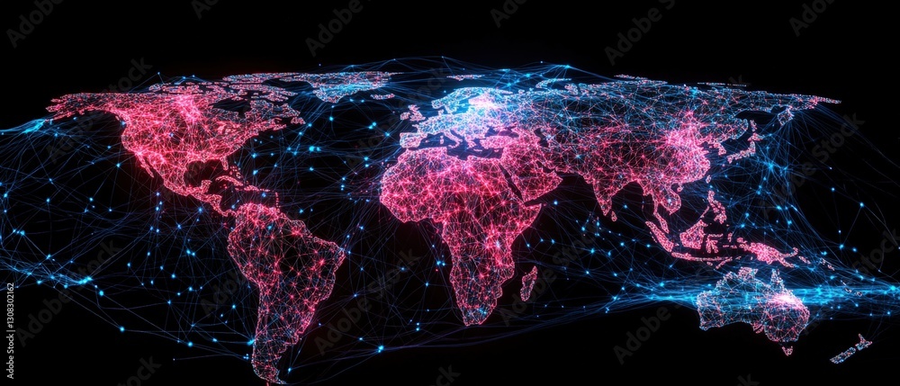 Poster a world map featuring a complex network of connected lines representing global communication and tec
