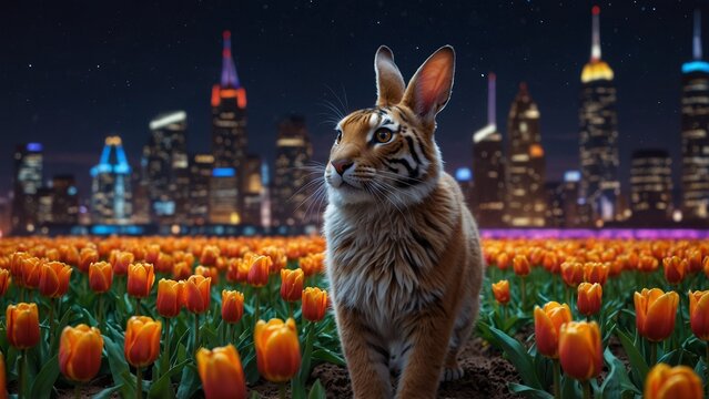 A fluffy rabbit in a field of colorful tulips, with a serene smile on its face.glowing Bengal tiger with neon stripes, walking through a futuristic cityscape.