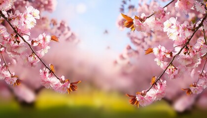 Obraz premium spring flowers pink sakura blossoms branches of trees blurred easter background