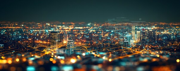 Illuminated cityscape with connecting lines depicting data flow at night