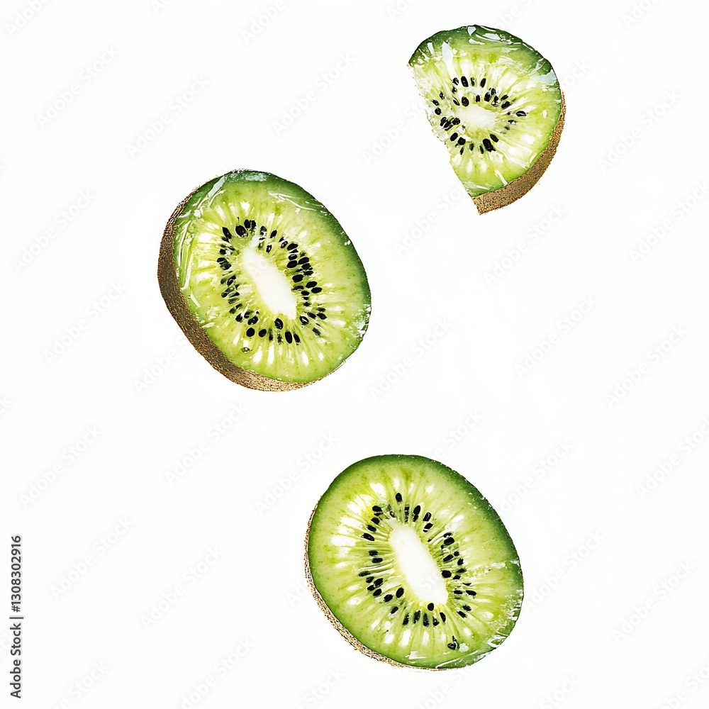 Poster fresh green kiwi slices with a bright white background capturing natural juiciness and vibrant color