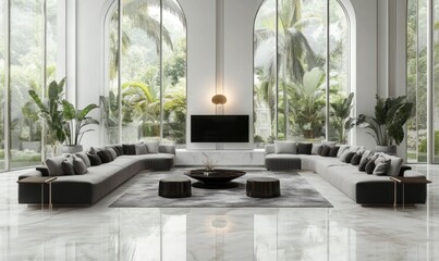 Luxurious modern living room with sectional sofa, large windows, and tropical view.