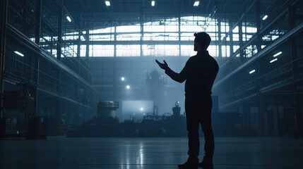 factory engineer stands in large industrial space, using holographic tablet to visualize data and enhance productivity