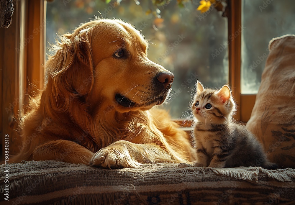 Poster Golden Retriever Dog and Kitten Gaze at Each Other by the Window : Generative AI