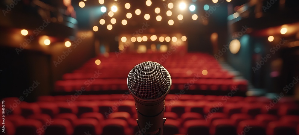 Poster elegant microphone on stage with lighted background for audience engagement : generative ai