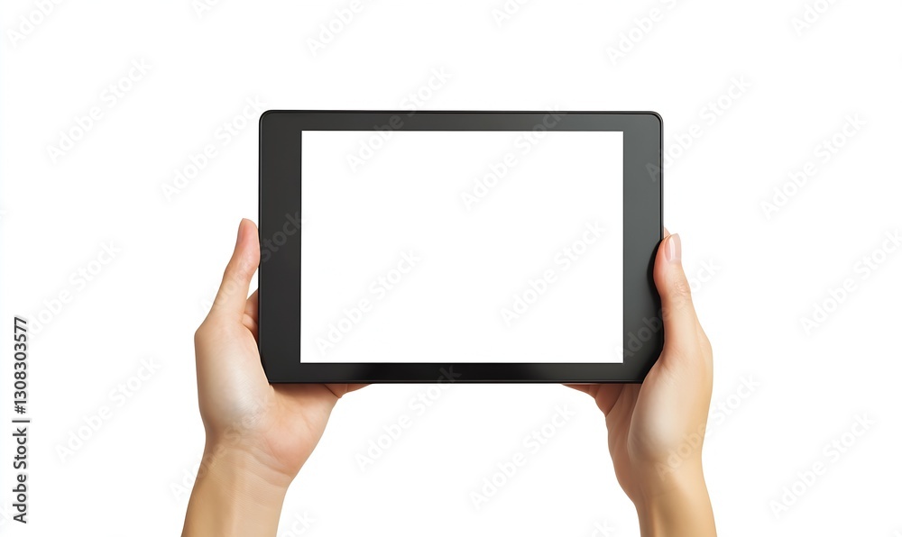 Poster woman holding a blank digital tablet ready for design or message display : generative ai