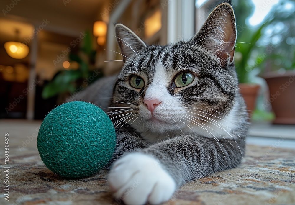 Poster Charming Tabby Cat Relaxing on Carpet with a Soft Green Toy Ball : Generative AI