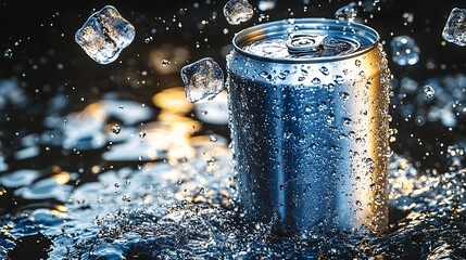 Sparkling aluminum can with ice cubes splashing