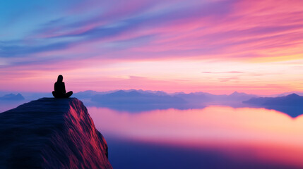 A lone silhouette sits in a meditative posture on a mountaintop at sunrise, surrounded by tranquil mountains and vibrant sky hues, conveying peace, reflection, and the beauty of nature.