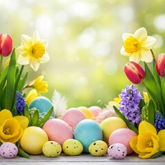 Fototapeta premium Easter Background with Flowers and Eggs – Perfect for Celebrating the Resurrection of Jesus Christ in Religious Cards, Church Decorations, and Faith-Based Events