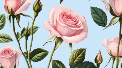 Fototapeta premium Pink roses floral seamless pattern, light blue background, romantic design, website texture