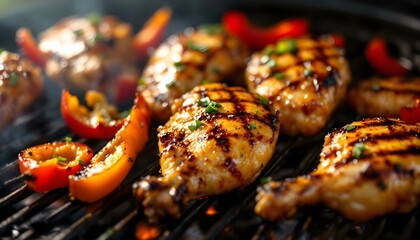 Grilled chicken wings sizzling on a barbecue grill, perfect for summer outdoor gatherings and activities