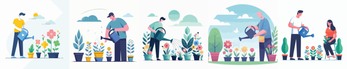 Vector of a person watering flowers. © FirdianKrisna