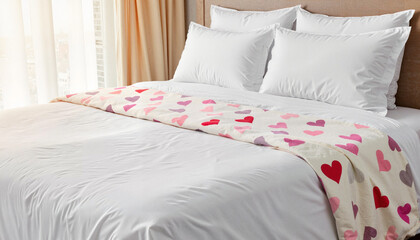 Cozy bed with heart-patterned blanket and soft pillows