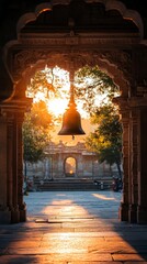 Fototapeta premium Ancient temple bell at sunrise framing the sacred courtyard