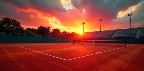Deserted tennis court, fiery sunset, stadium glow, scene, court