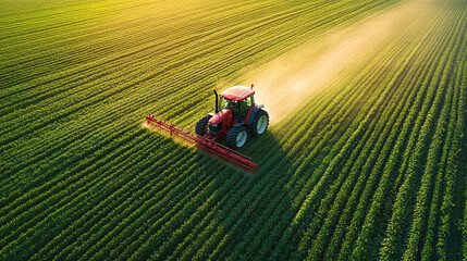 Aerial photography of a large agricultural sprinkler working on a green field