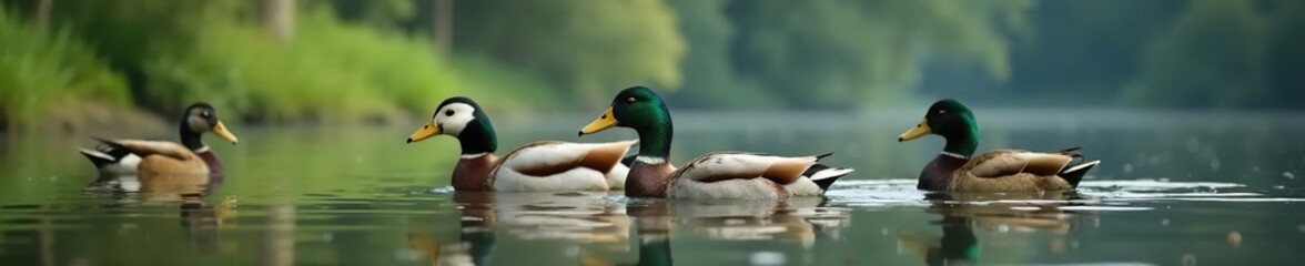 Obraz premium Emperor ducks swimming gracefully on a calm lake, wildlife photography, outdoor, nature photography