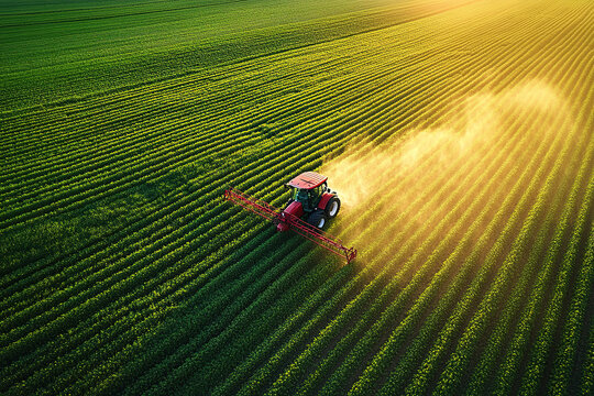 Aerial photography of a large agricultural sprinkler working on a green field