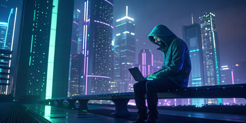 Obraz premium man with laptop background city scape