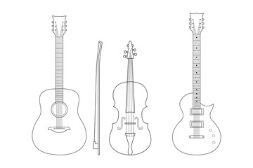 Naklejka premium Set of outline guitars. Acoustic, electric and violin on white background