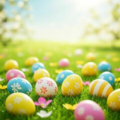 Fototapeta premium Easter Background with Flowers and Eggs – Perfect for Celebrating the Resurrection of Jesus Christ in Religious Cards, Church Decorations, and Faith-Based Events
