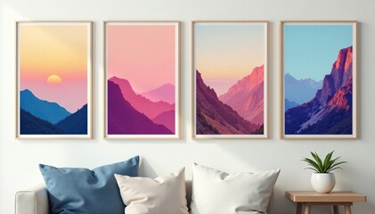 Four customized posters on a wall, clean background , home, studio