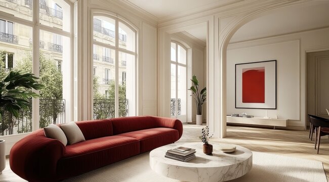 Luxurious Parisian living room with red sofa, large windows, and minimalist decor.
